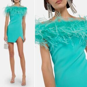 NWT GIUSEPPE DI MORABITO Feather Blue Zircon Mini Light Dress With Feather Trim